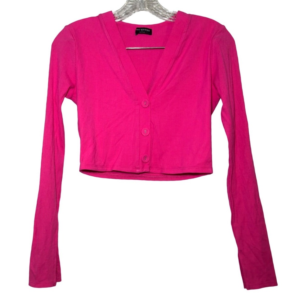 Naked Wardrobe Womens Ribbed Knit Cropped Cardigan Neon Pink Long Sleeve bold